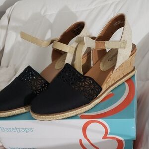 BareTraps Black and Cream Wedge Sandals